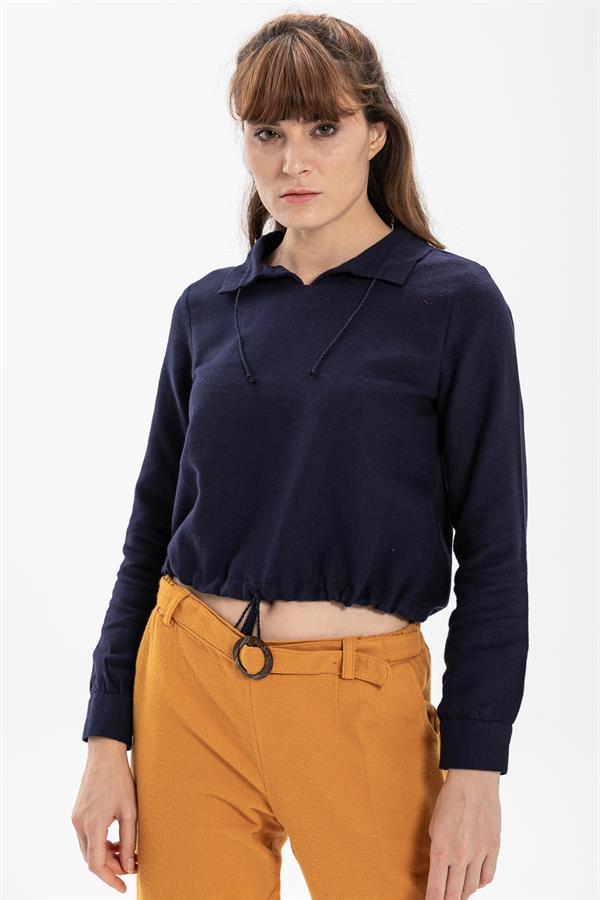 Long Sleeve Flannel Fabric İlayda Blouse Navy Blue