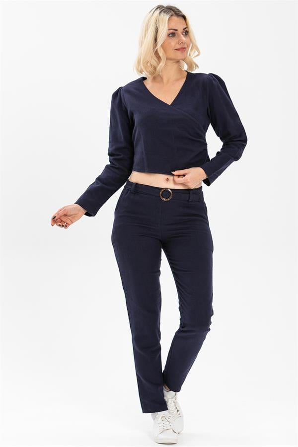 Long Sleeve Flannel Double Breasted Blouse Navy Blue