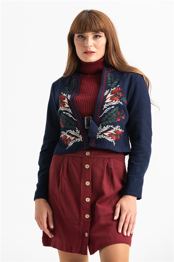 Embroidered Flannel Jacket Navy Blue