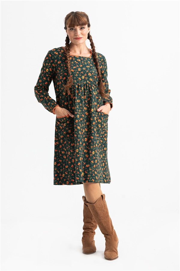 Long Sleeve Flannel Dilan Embroidered Midi Length Dress Green