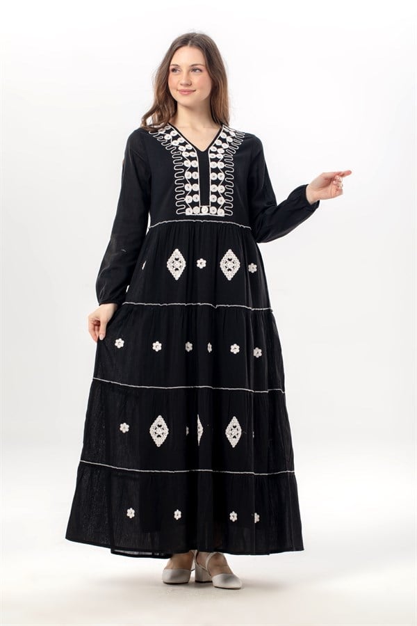 Long Sleeve Yakamoz V-Neck Embroidered Sile Fabric Long Sequin Dress Black