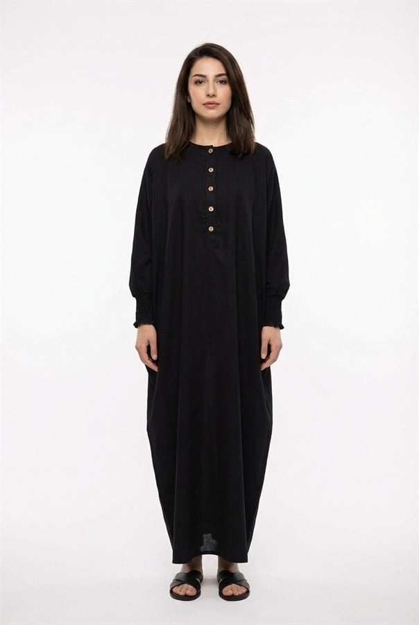 Batwing Sleeve Mahinur Şile Fabric Buttoned Bicycle Neckline Summer Abaya Black