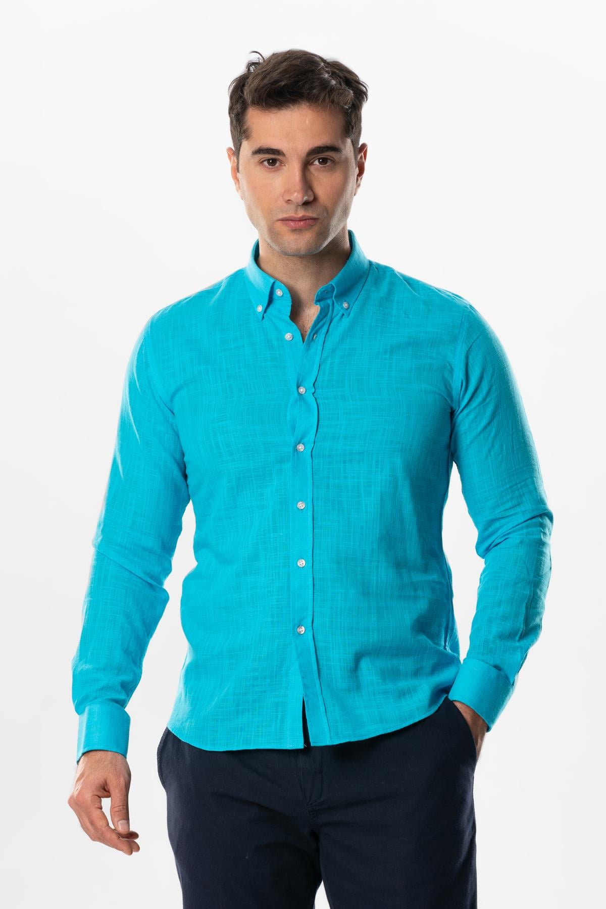Ada Şile Fabric Long Sleeve Summer Shirt Turquoise 3054
