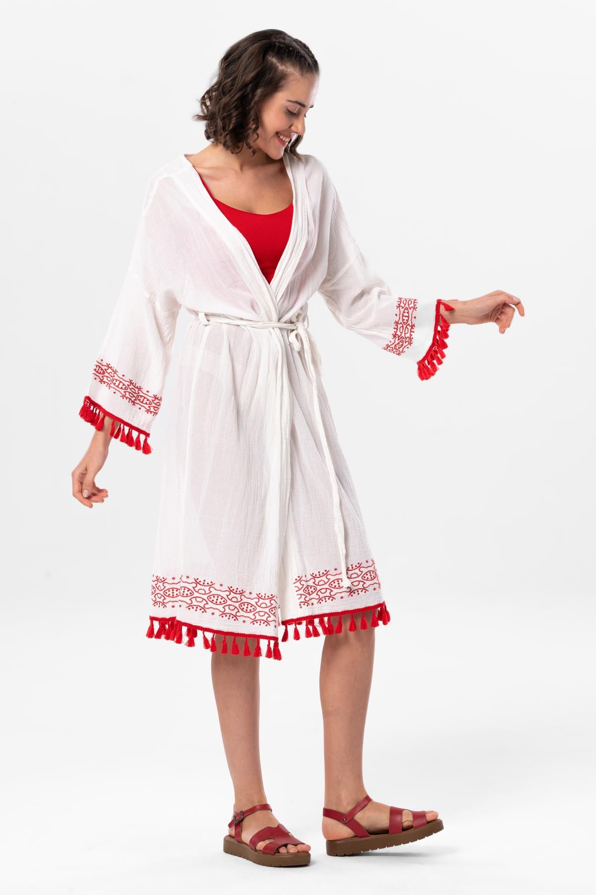 Ahenk Şile Bezi Püskül Detaylı Kimono Krem Krm