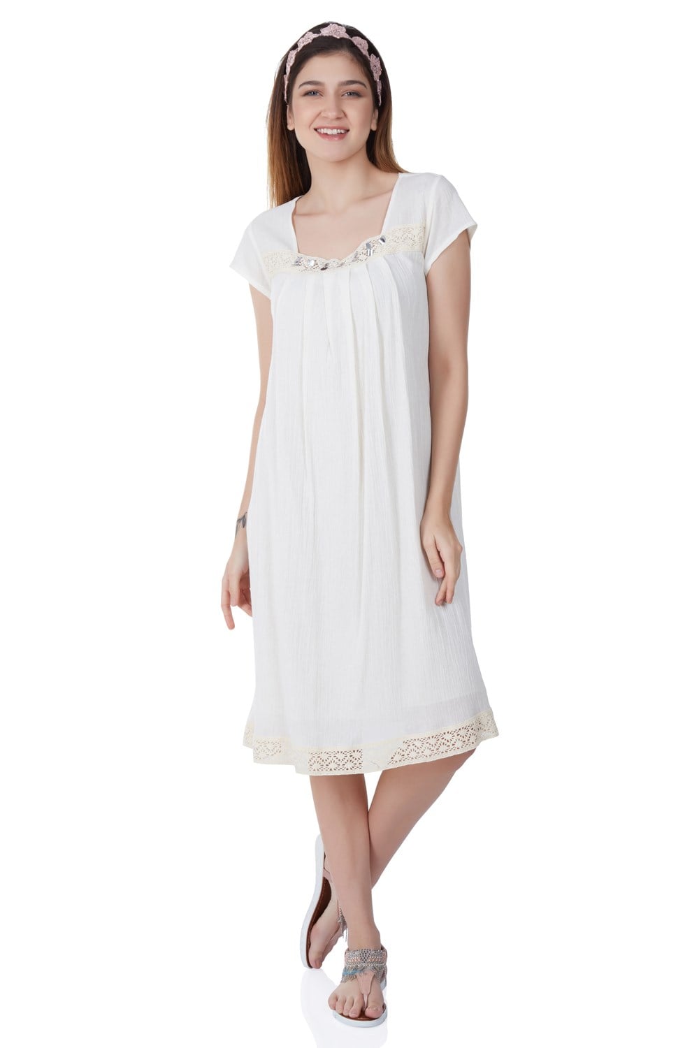 Short Sleeve Sile Fabric Ajda Short Dress Cream