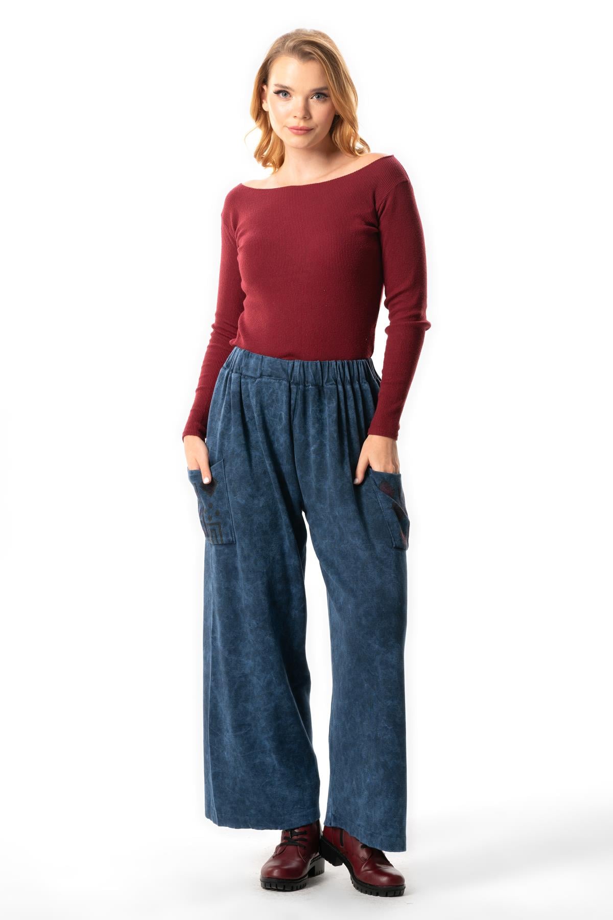 Alin Side Double Pockets Autumn and Winter Elasticized Authentic Knitwear Pants Indigo