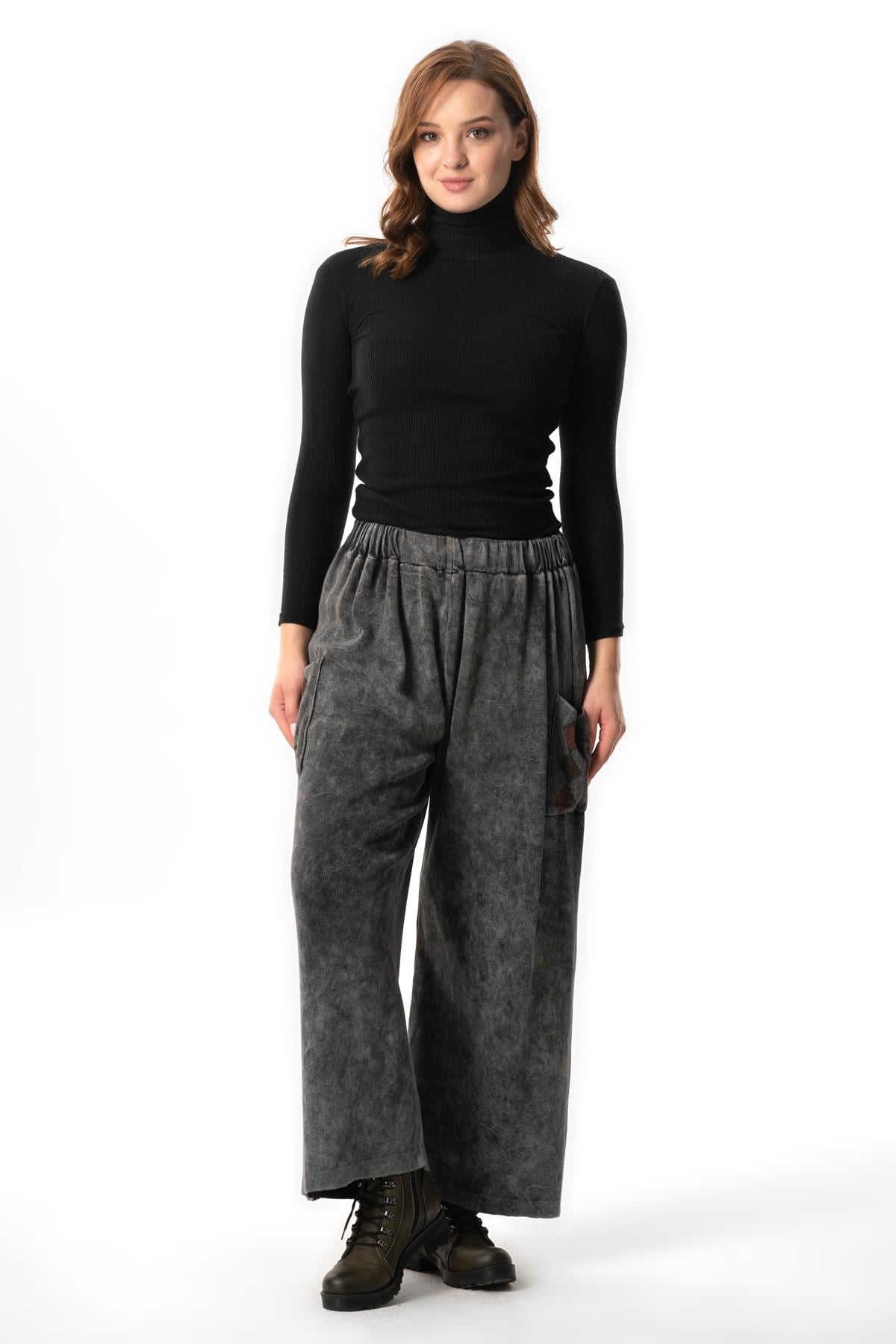 Alin Side Double Pockets Autumn and Winter Elasticized Authentic Knitwear Pants Smoked