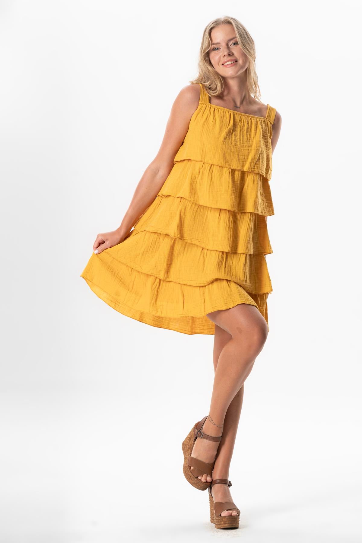 Elfida Muslin Short Strap Dress Mustard