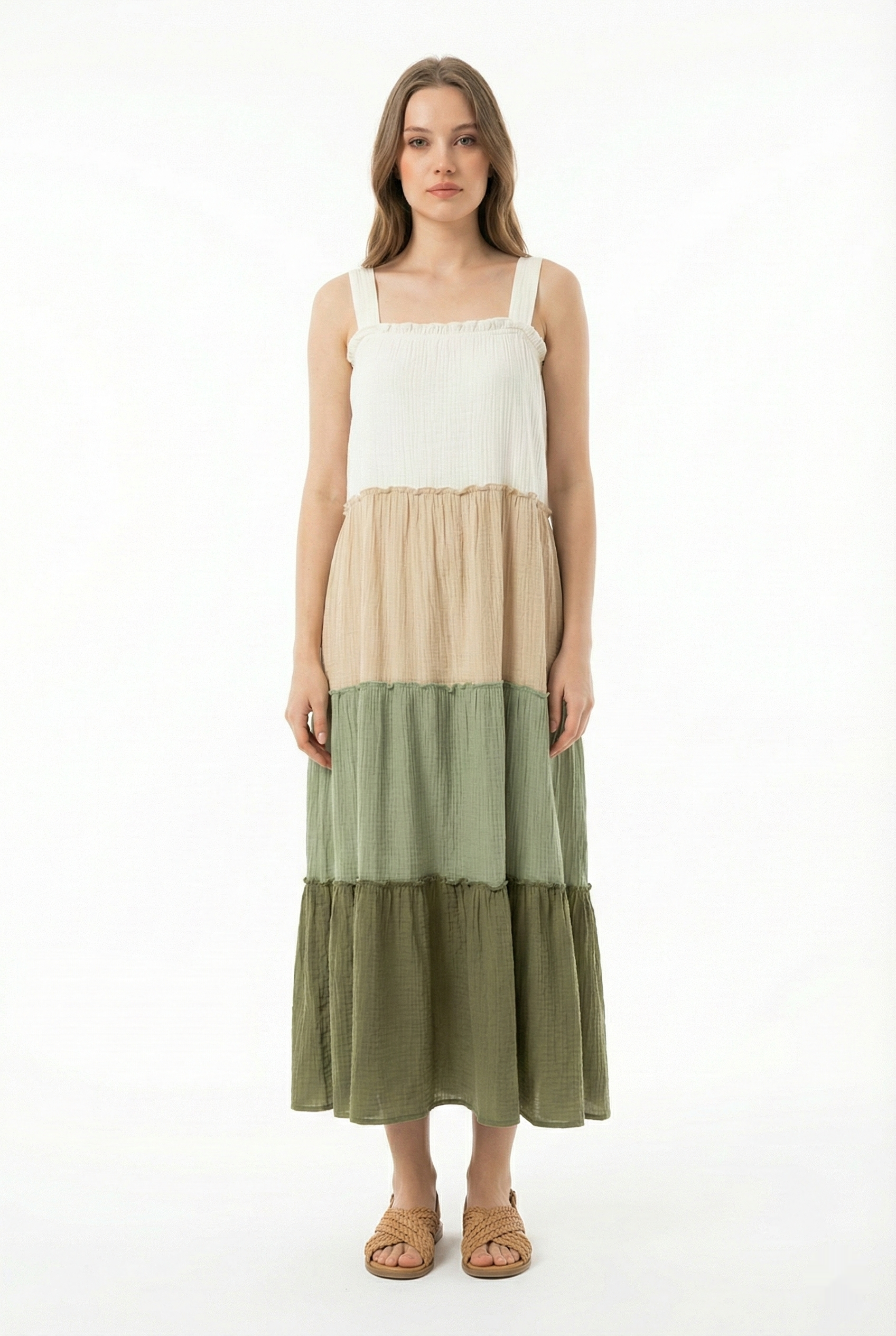 Maria Strappy Square Neck Color Blocking Summer Muslin Long Dress Khaki