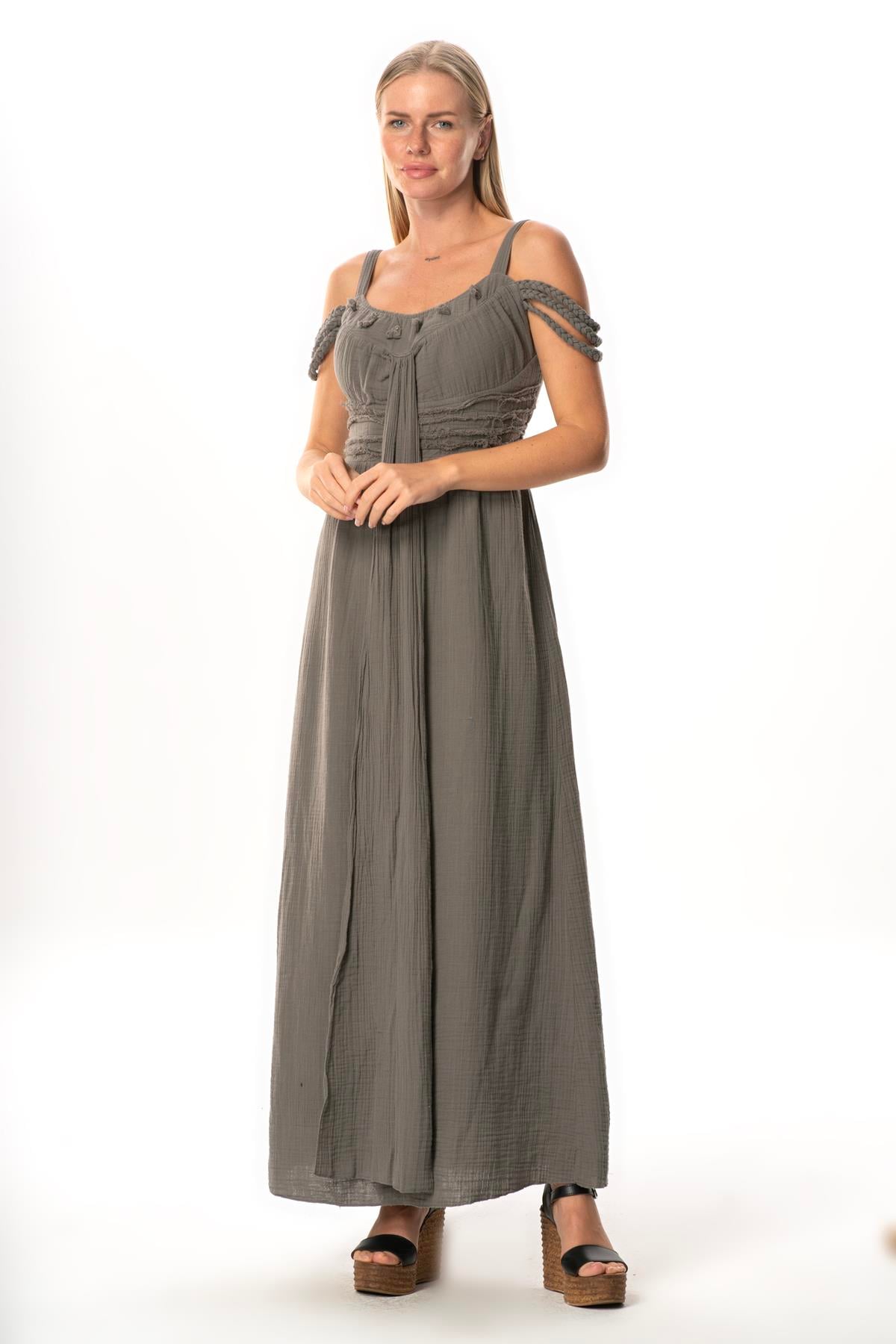 Long Muslin Summer Dress with Straps Kleopatra Sleeve Detail Gray