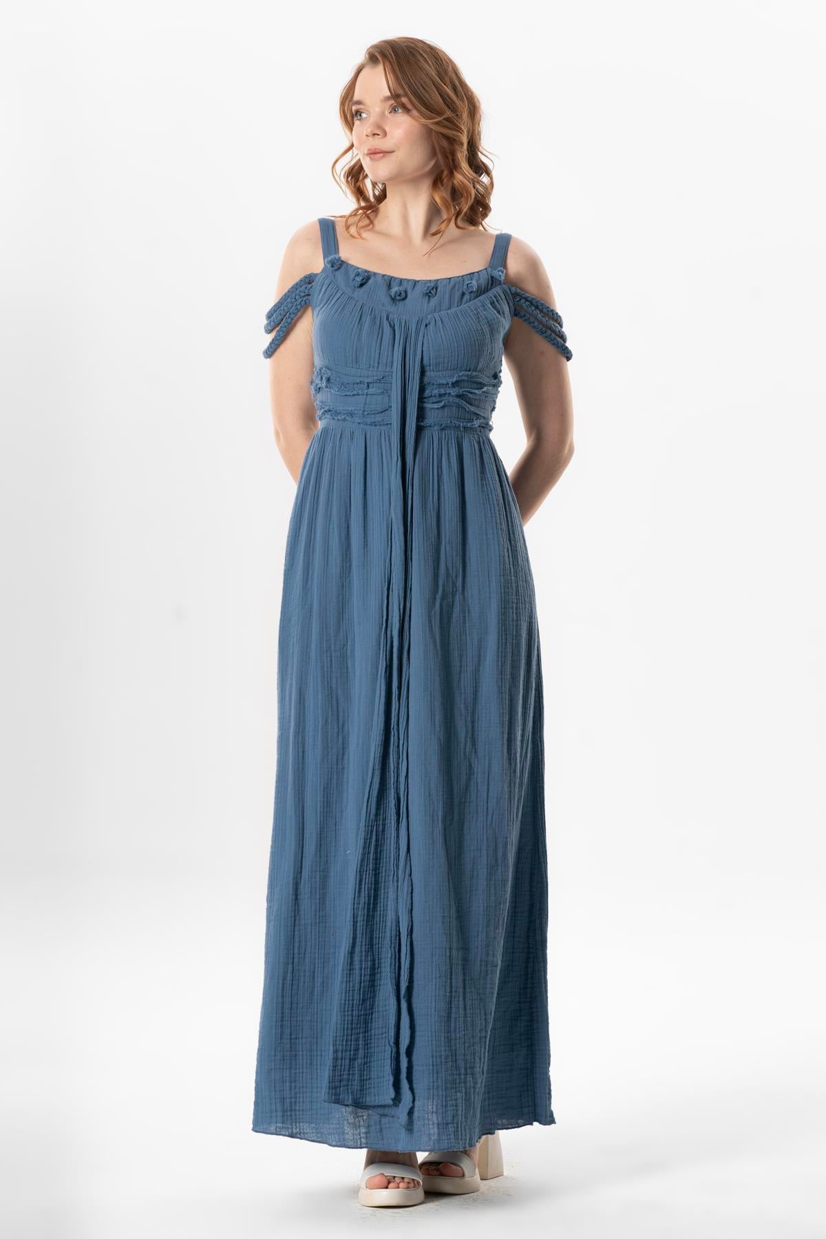 Long Muslin Summer Dress with Straps Kleopatra Sleeve Detail İndigo