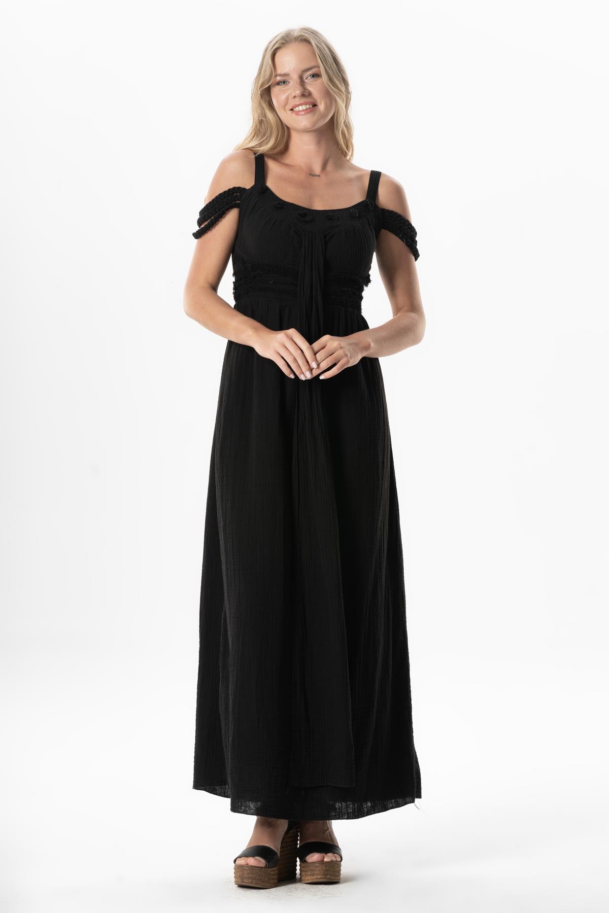 Long Muslin Summer Dress with Straps Kleopatra Sleeve Detail Black