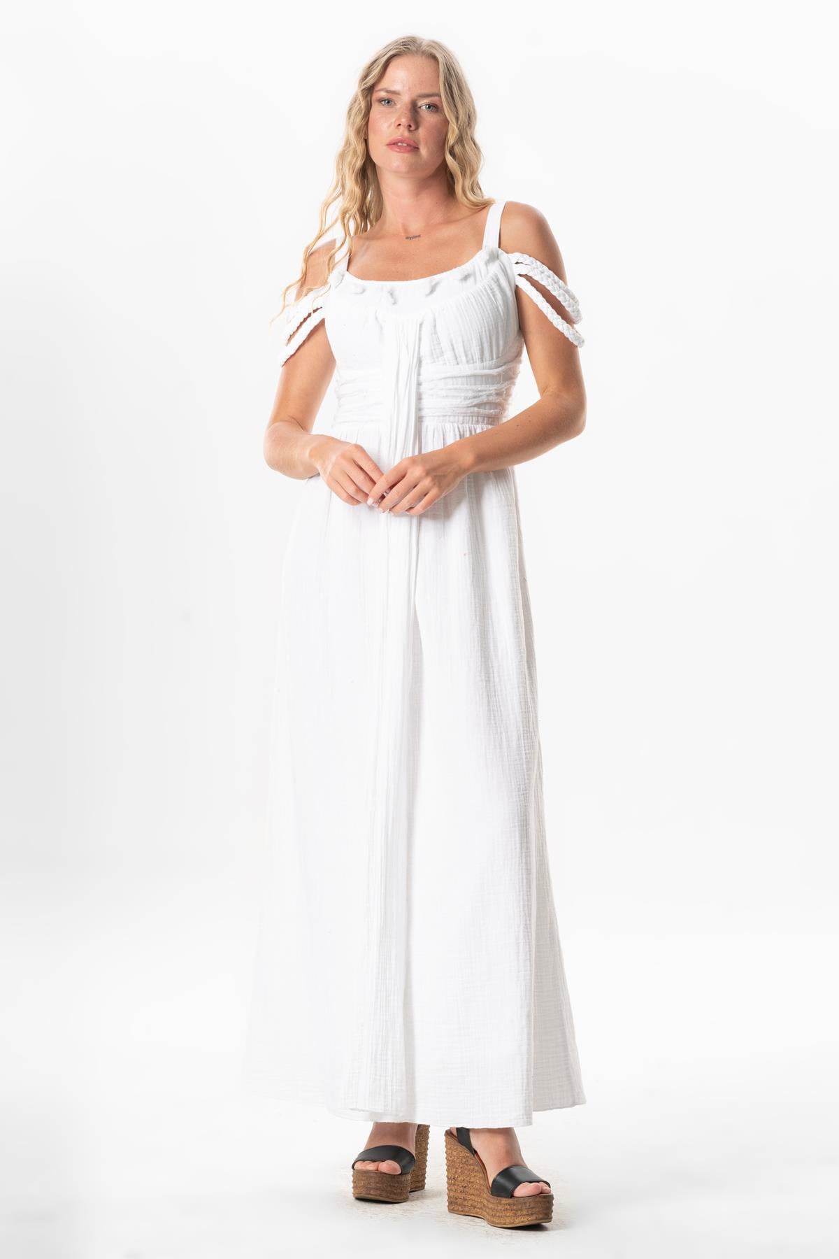 Long Muslin Summer Dress with Straps Kleopatra Sleeve Detail White 