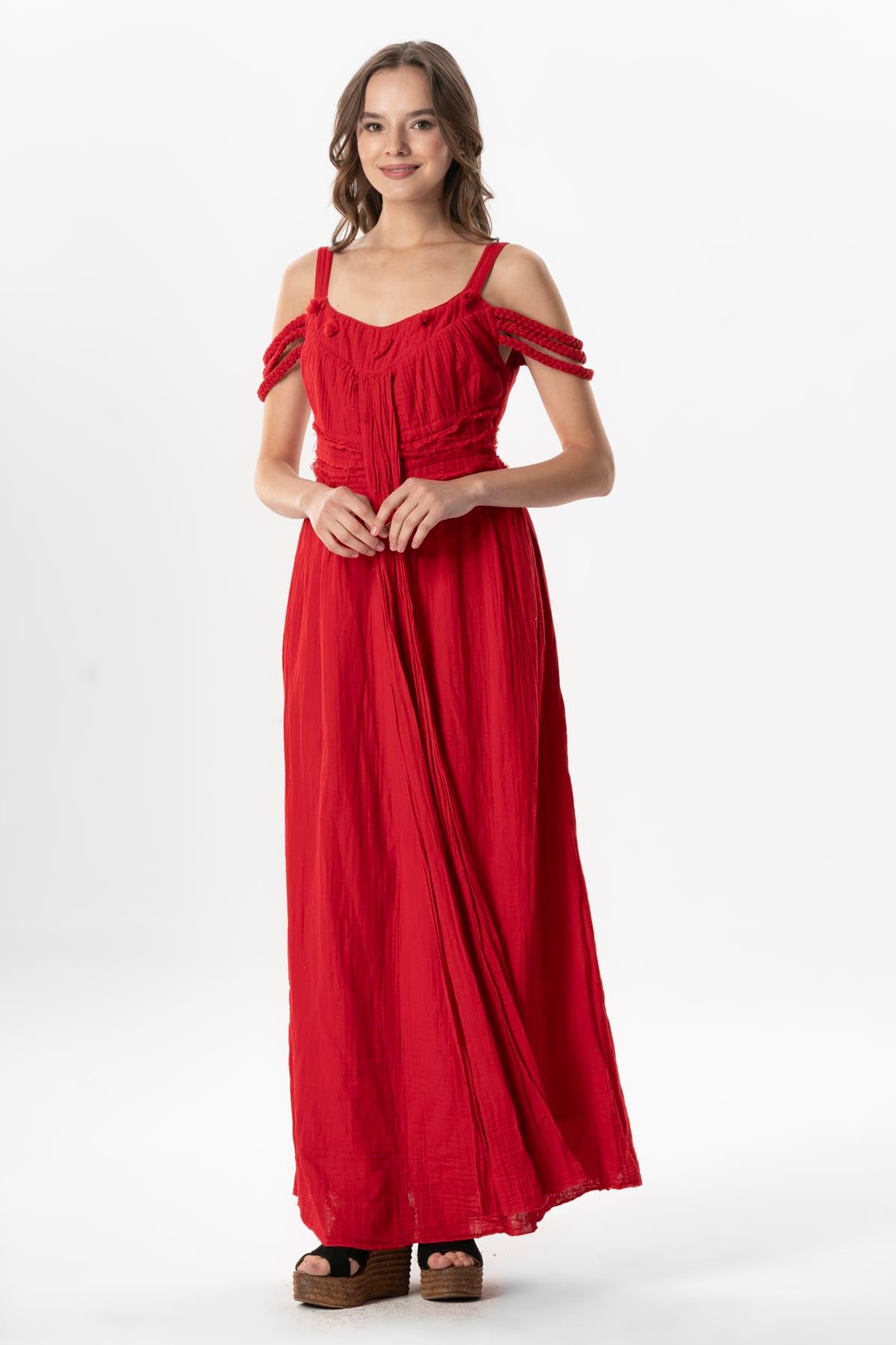 Long Muslin Summer Dress with Straps Kleopatra Sleeve Detail Red