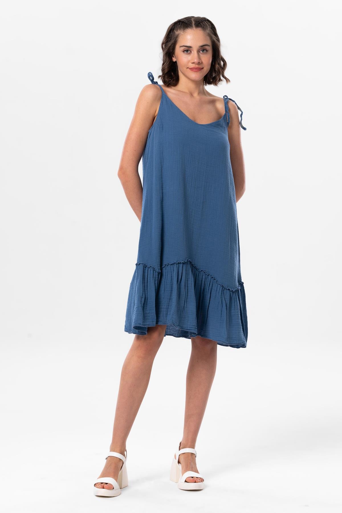 Askılı Serra Volanlı Kısa Yazlık Müslin Elbise İndigo indg