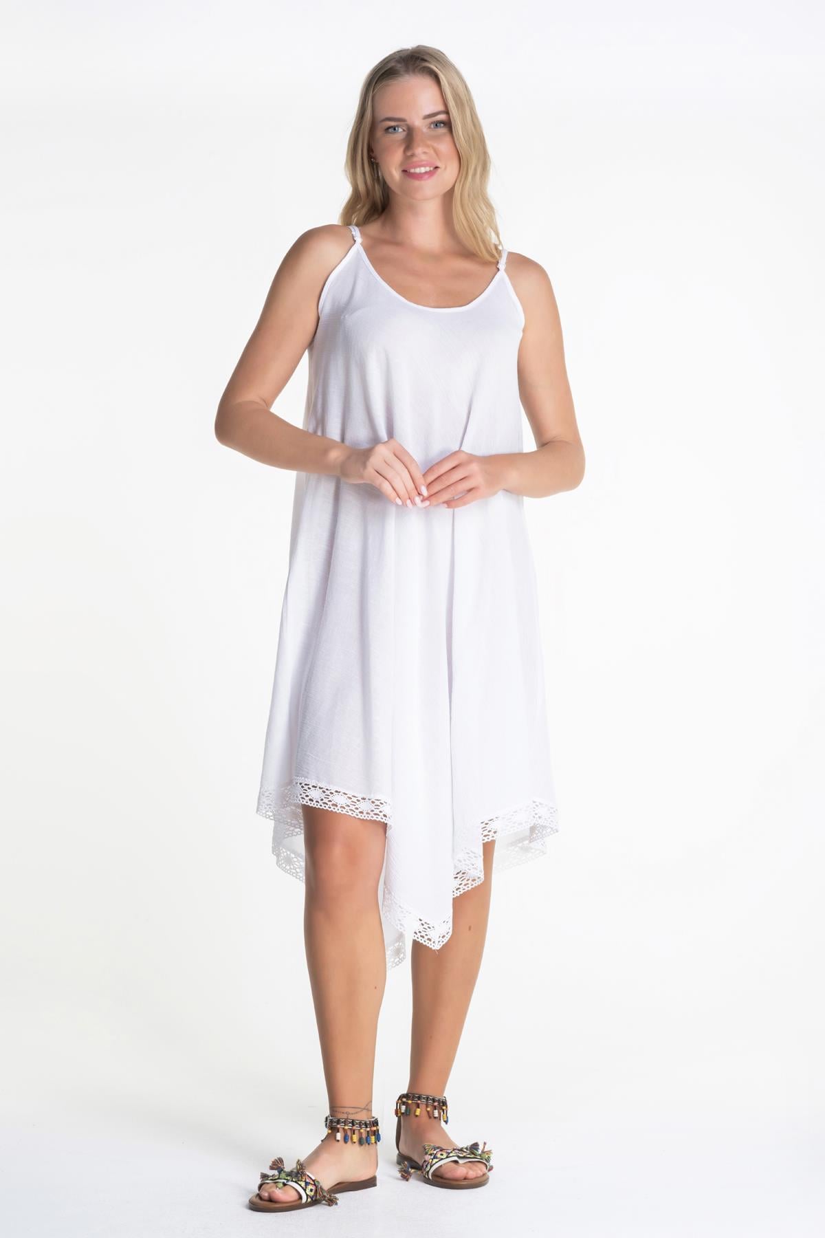 Strappy Şile Fabric Çağla Short Dress White