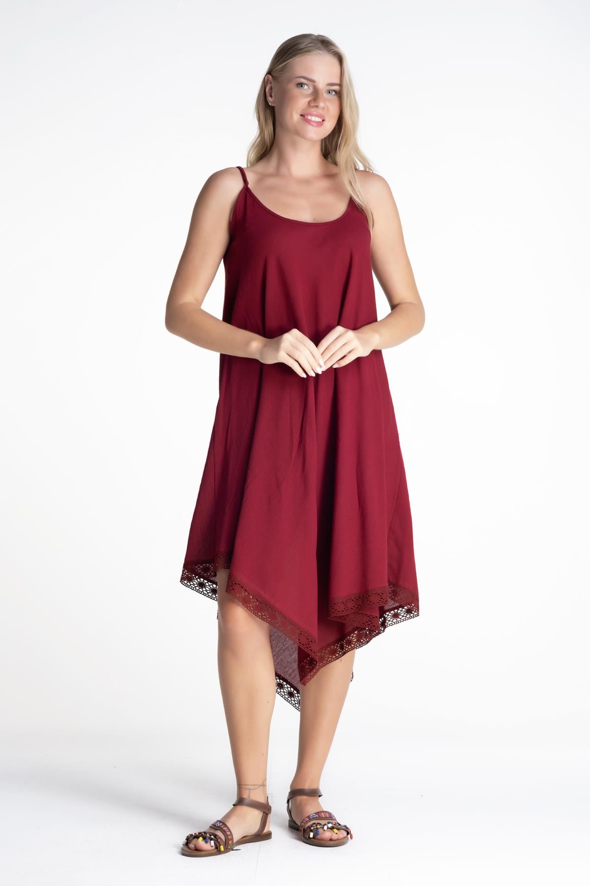 Strappy Şile Fabric Çağla Short Dress Claret Red