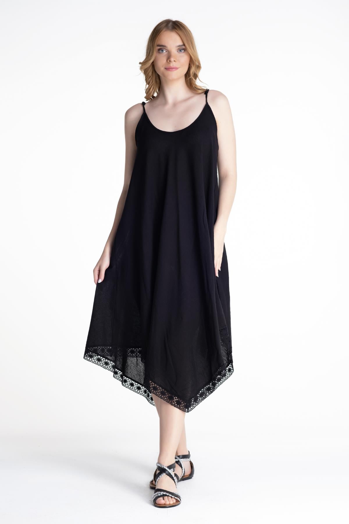 Strappy Şile Fabric Çağla Short Dress Black