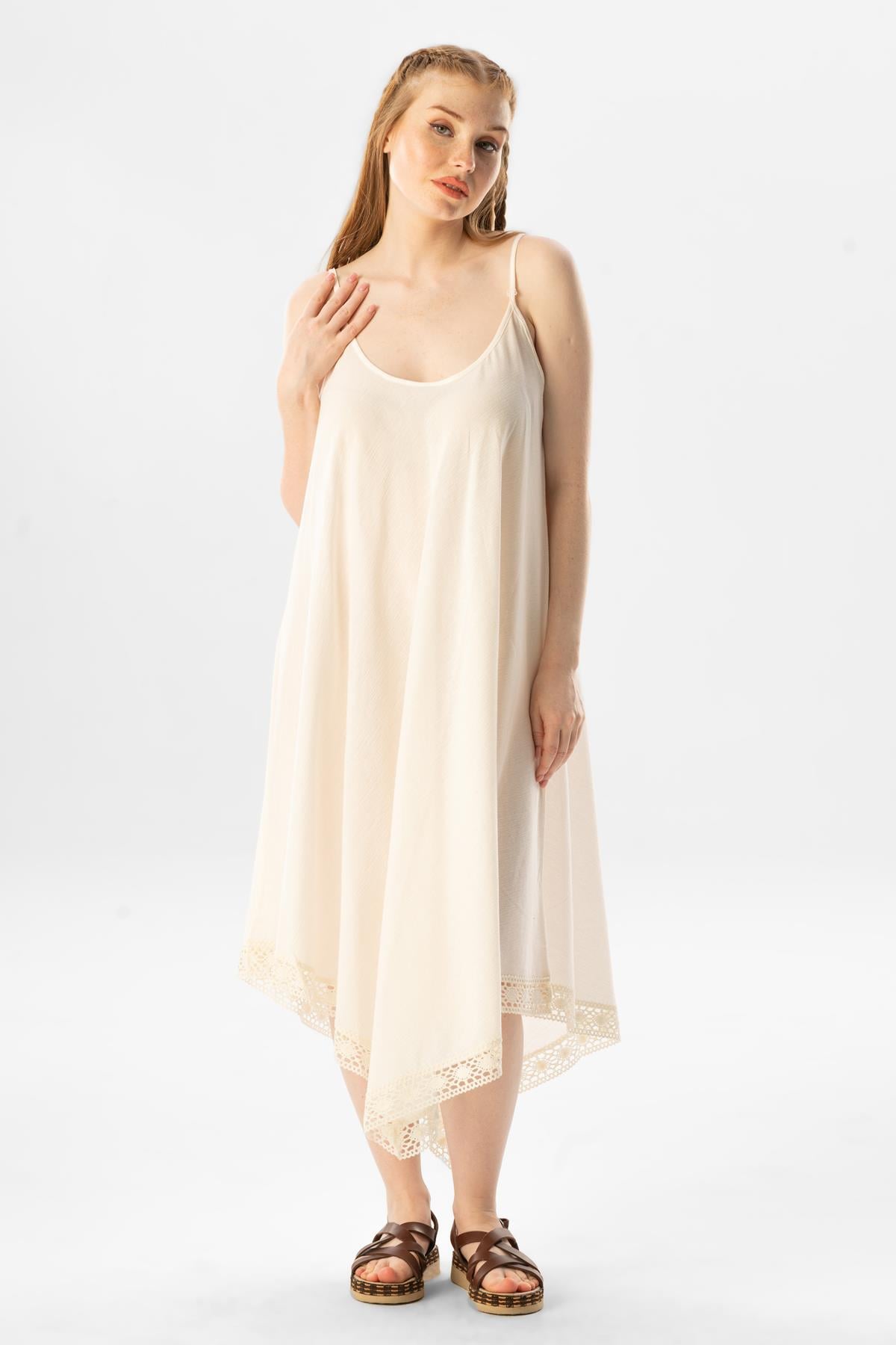 Strappy Şile Fabric Çağla Short Dress Cream