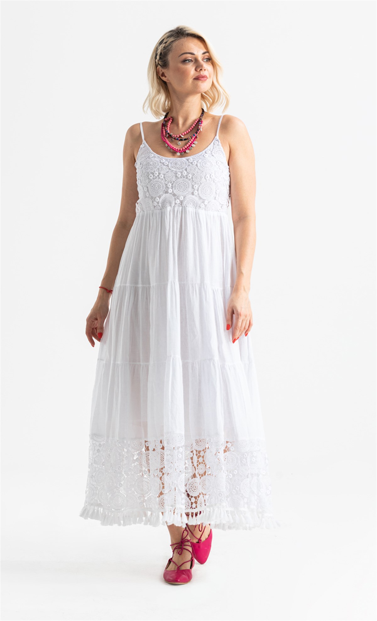 Askılı Şile Bezi Didem Uzun Yazlık Elbise Beyaz | silemoda.com
