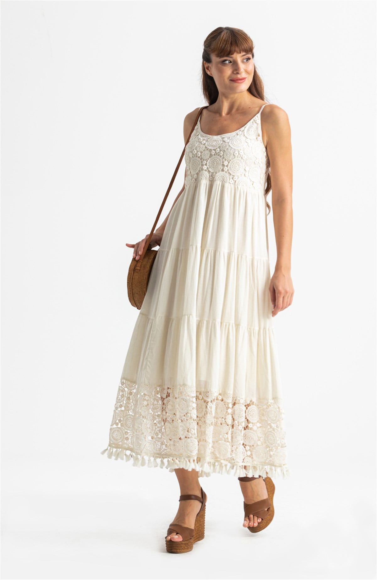 Strappy Sile Fabric Didem Long Dress Cream