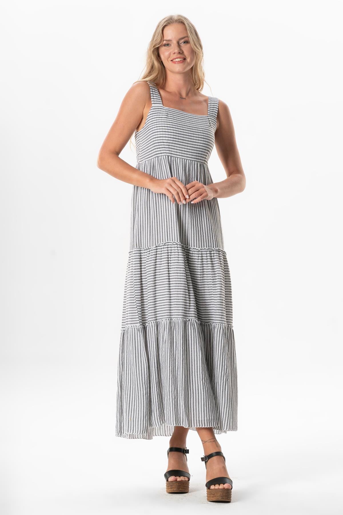 Straps Sile Cloth Square Neckline Tılsım Long Summer Dress Black Striped