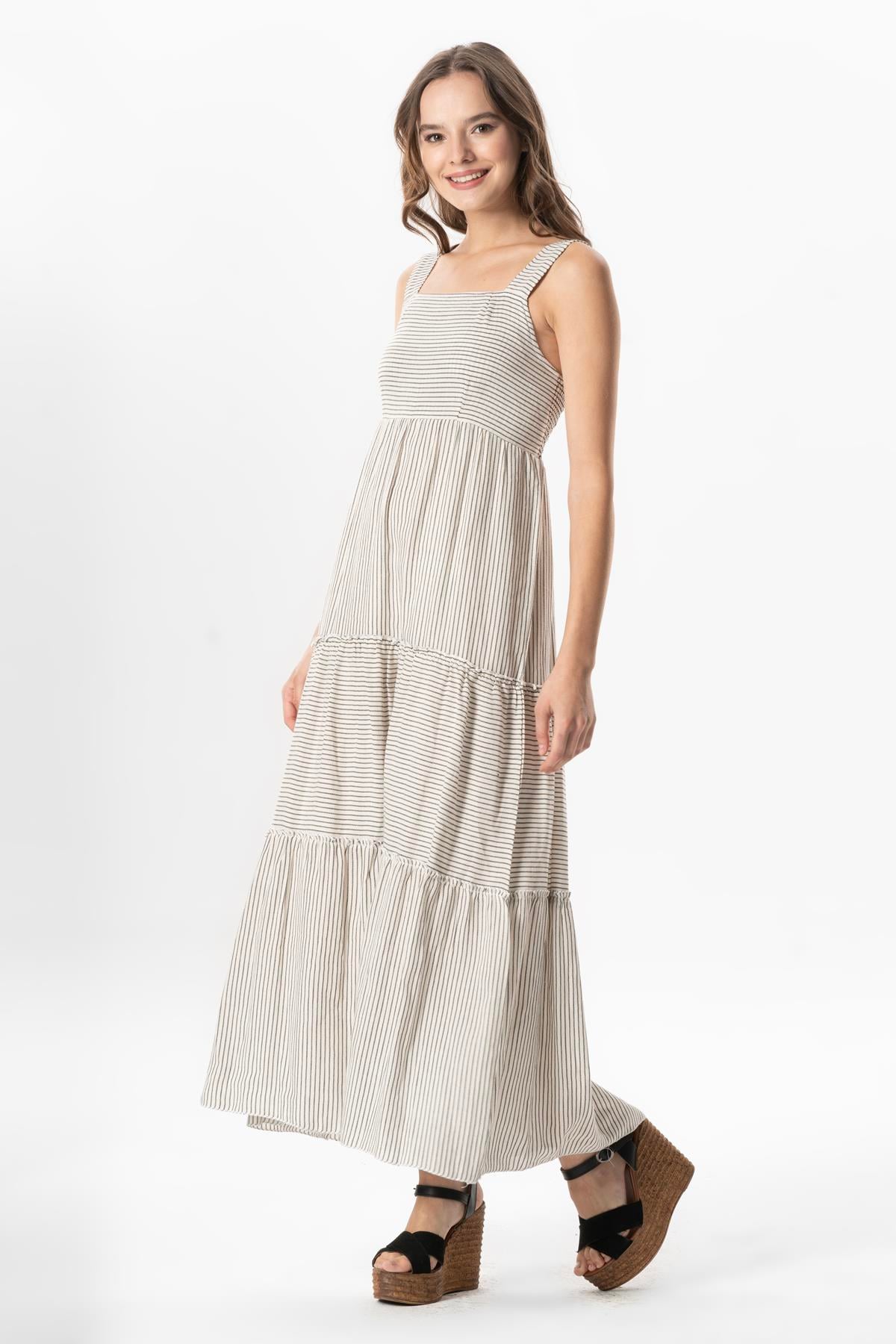 Straps Sile Cloth Square Neckline Tılsım Long Summer Dress Cream Striped