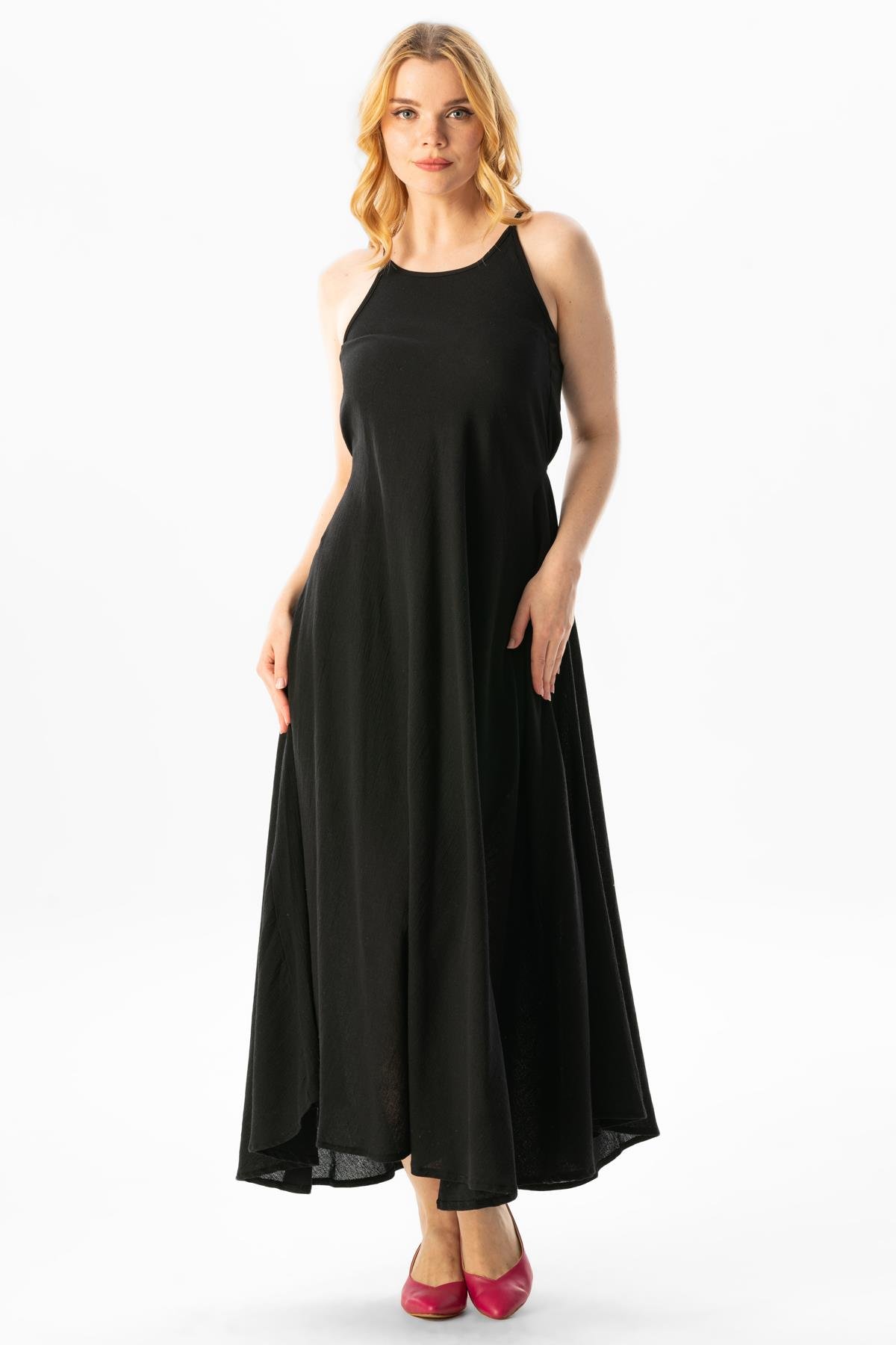 Askılı Şile Bezi Sima Uzun Yazlık Elbise Siyah Syh