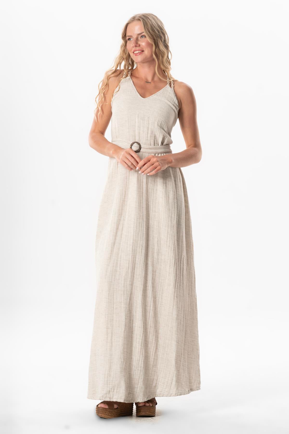 Strappy Kumsal V Neck Belted Linen Long Dress Cream