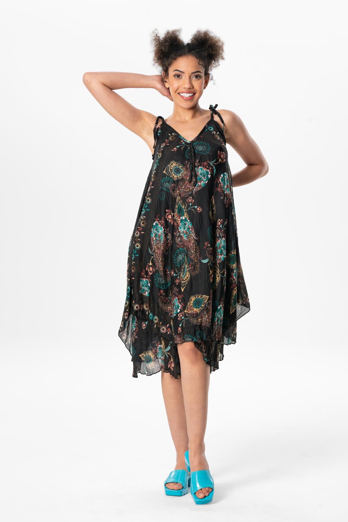 Askılı Vual Afrodit Kısa Elbise Yesil 6142