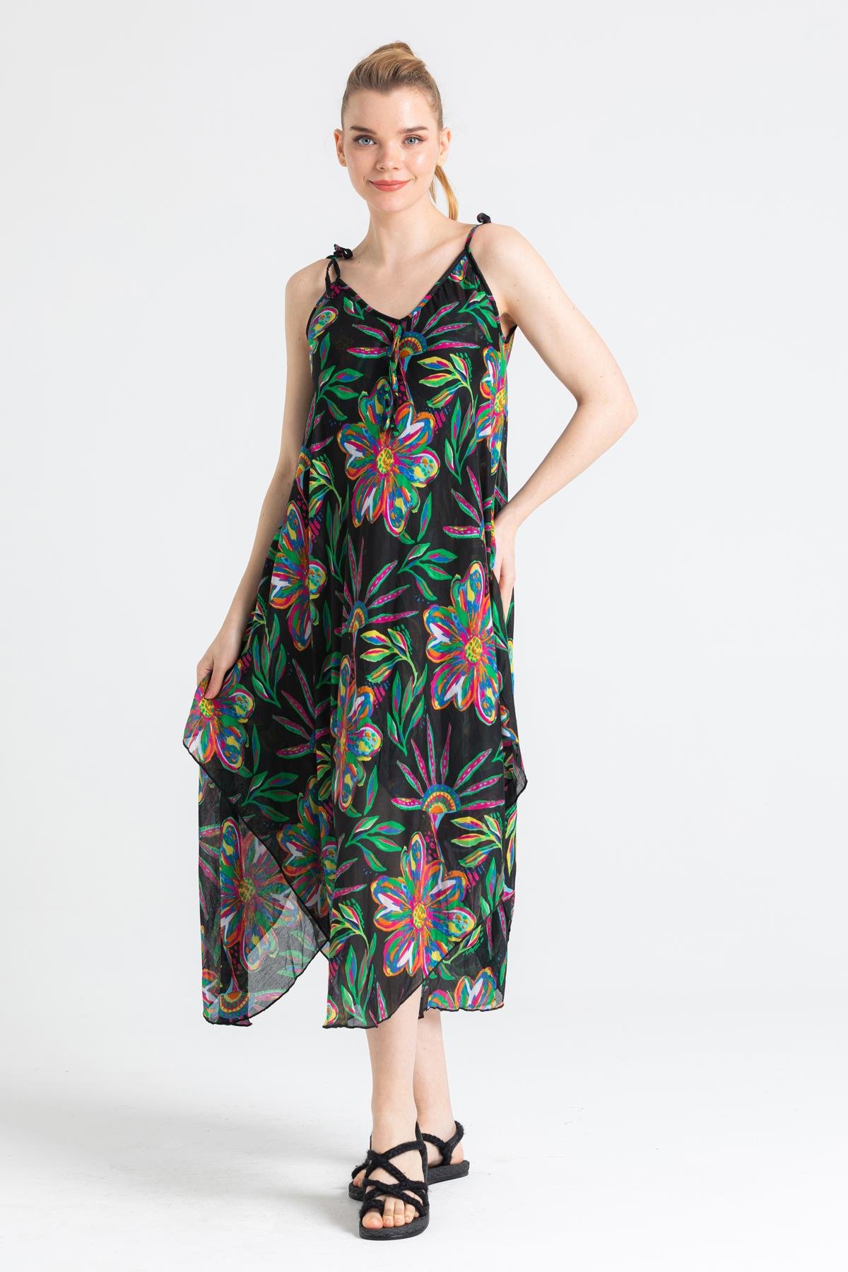 Askılı Vual Afrodit Midi Boy Elbise Siyah 6193