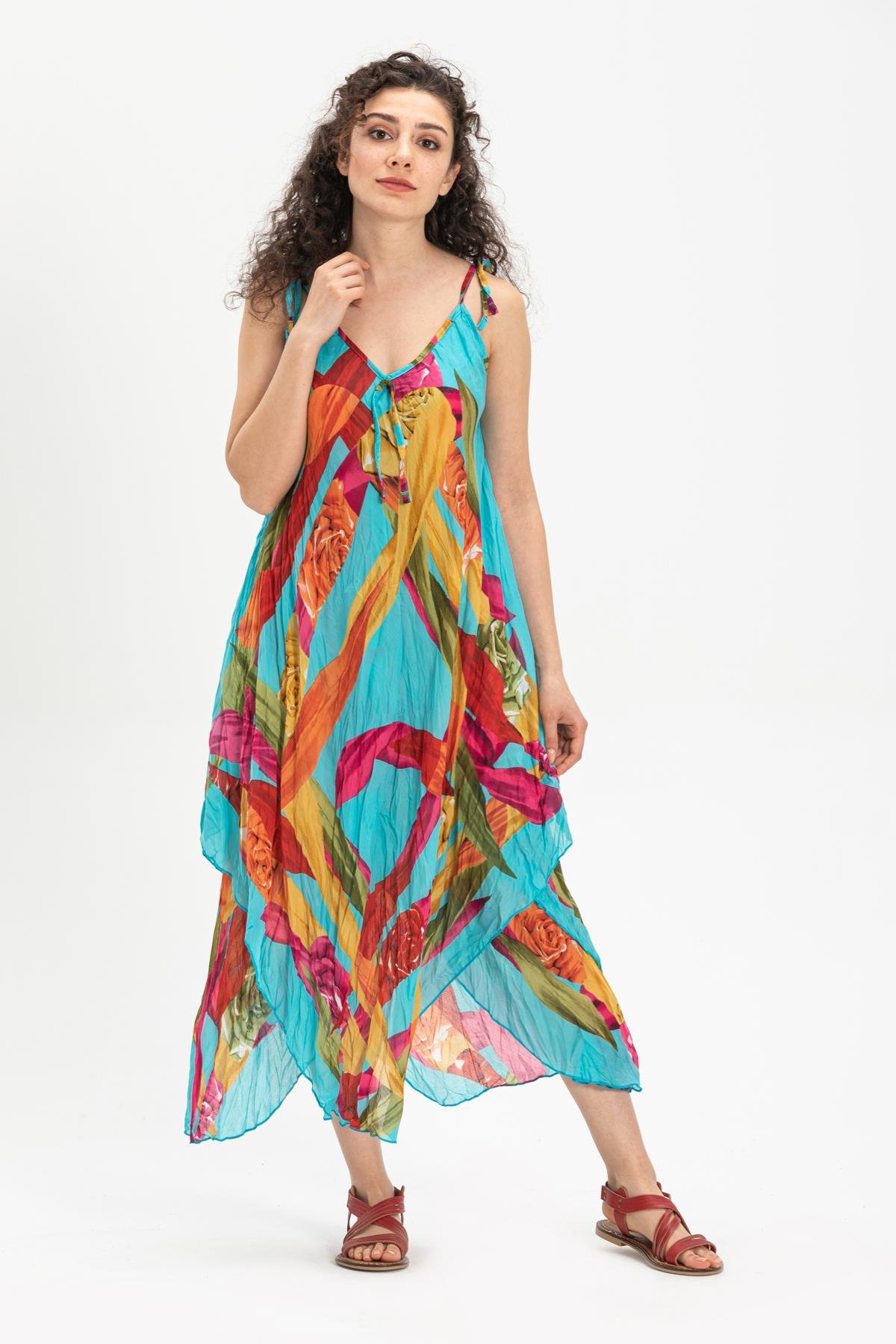 Askılı Vual Afrodit Midi Boy Elbise Turkuaz 6149