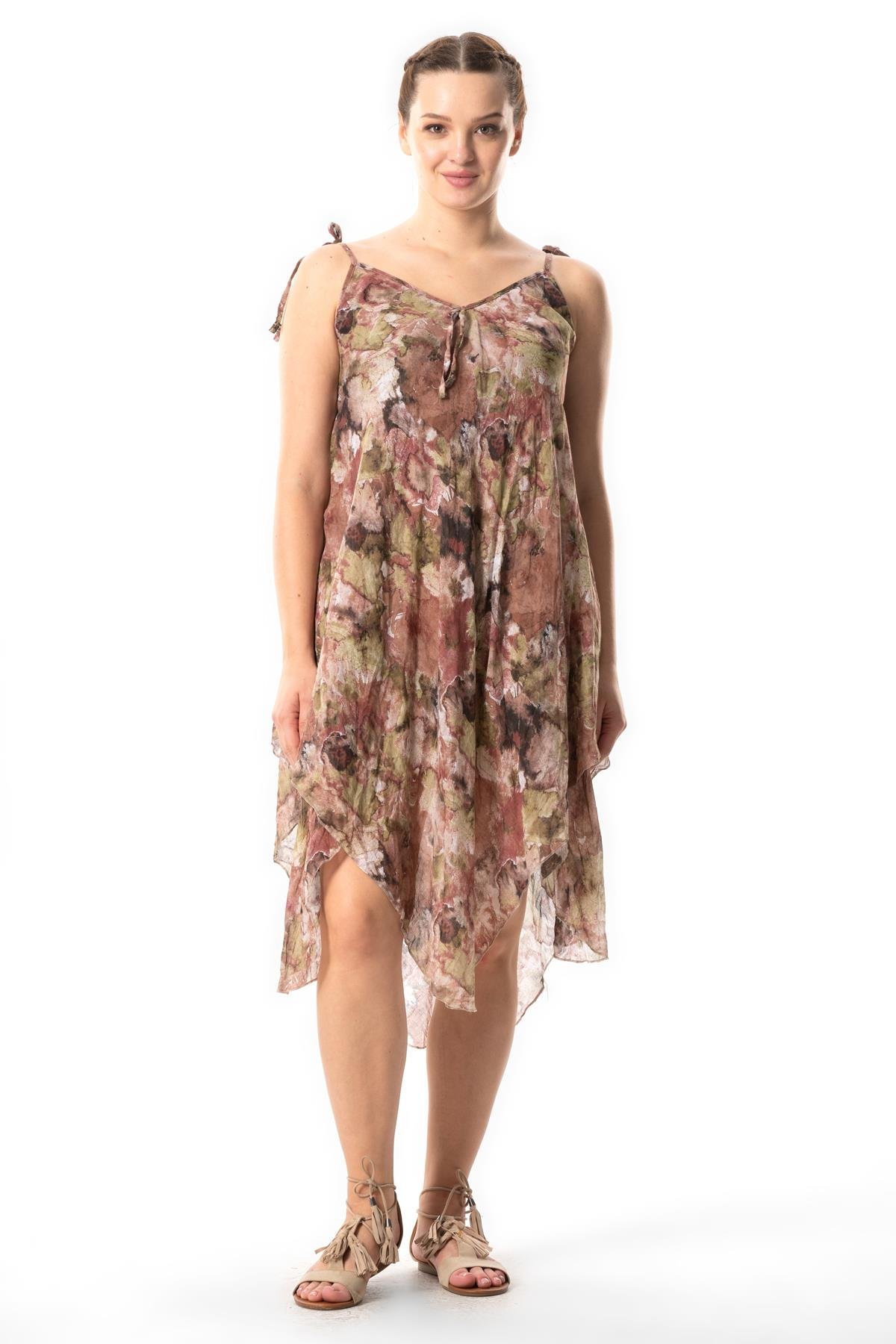 Askılı Vual Afrodit Midi Boy Yazlık Elbise Batik Koyu Kahve 6213