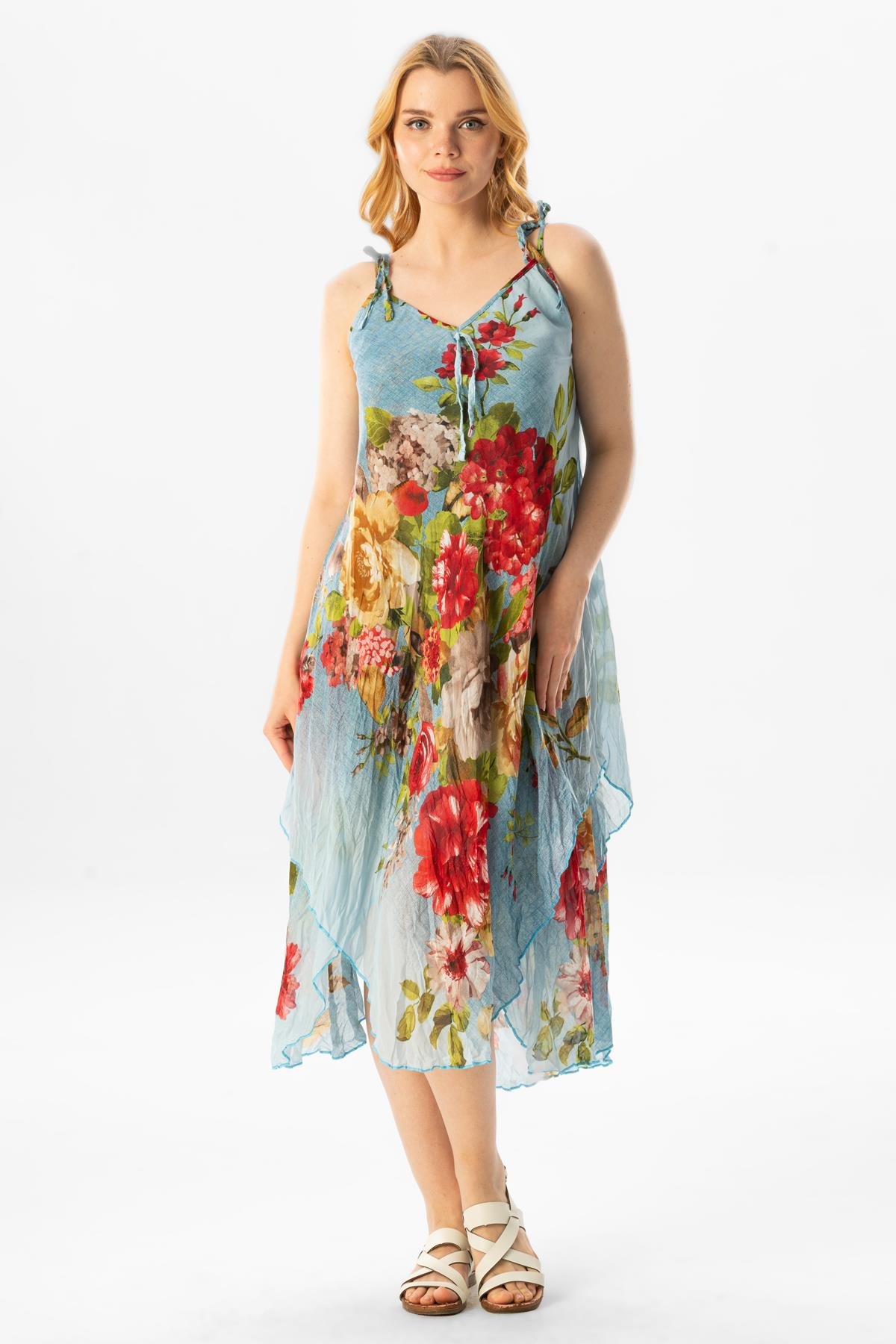 Askılı Vual Afrodit Midi Boy Yazlık Elbise Buz Mavi 6121