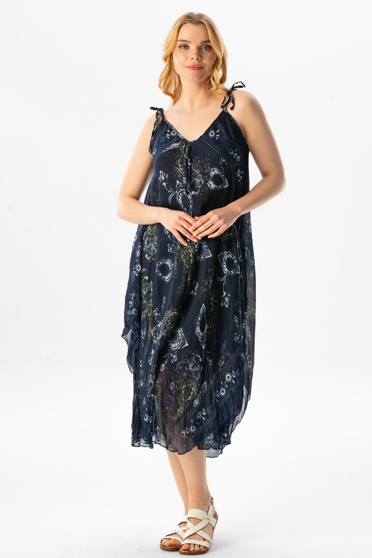 Strappy Voile Afrodit Midi Dress Navy Blue