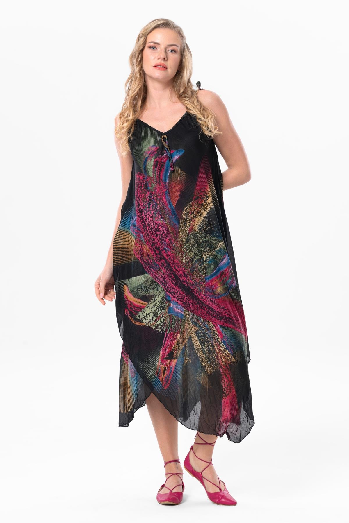 Askılı Vual Afrodit Midi Boy Yazlık Elbise Siyah 6204