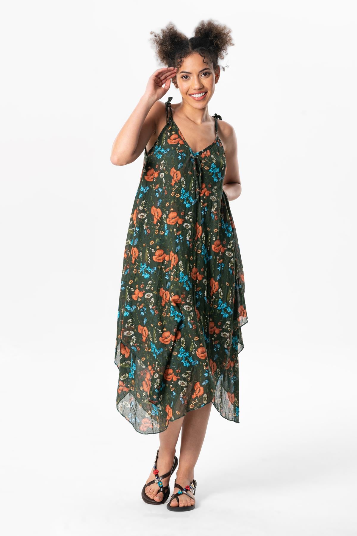Strappy Voile Afrodit Midi Dress Batik Dark Green 6161
