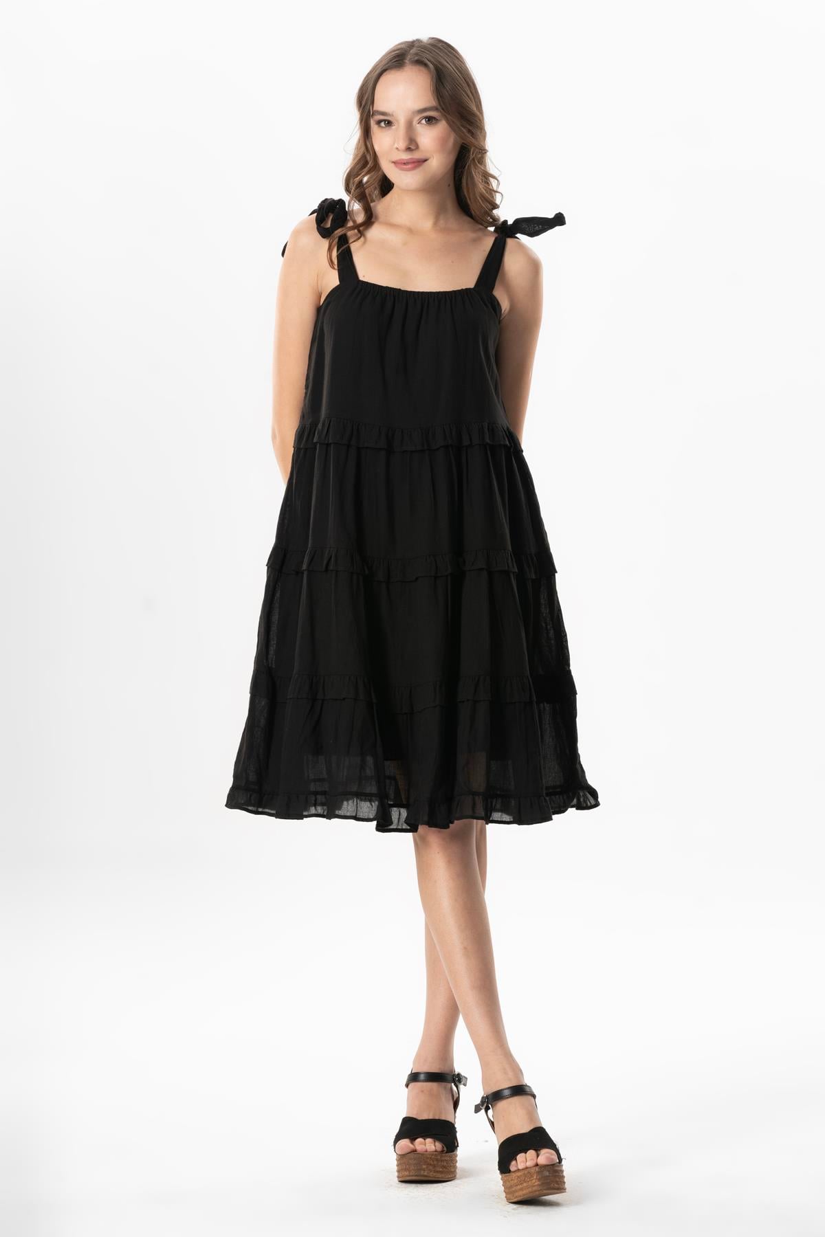 Halter Voile Dubai Square Neck Short Summer Dress Black