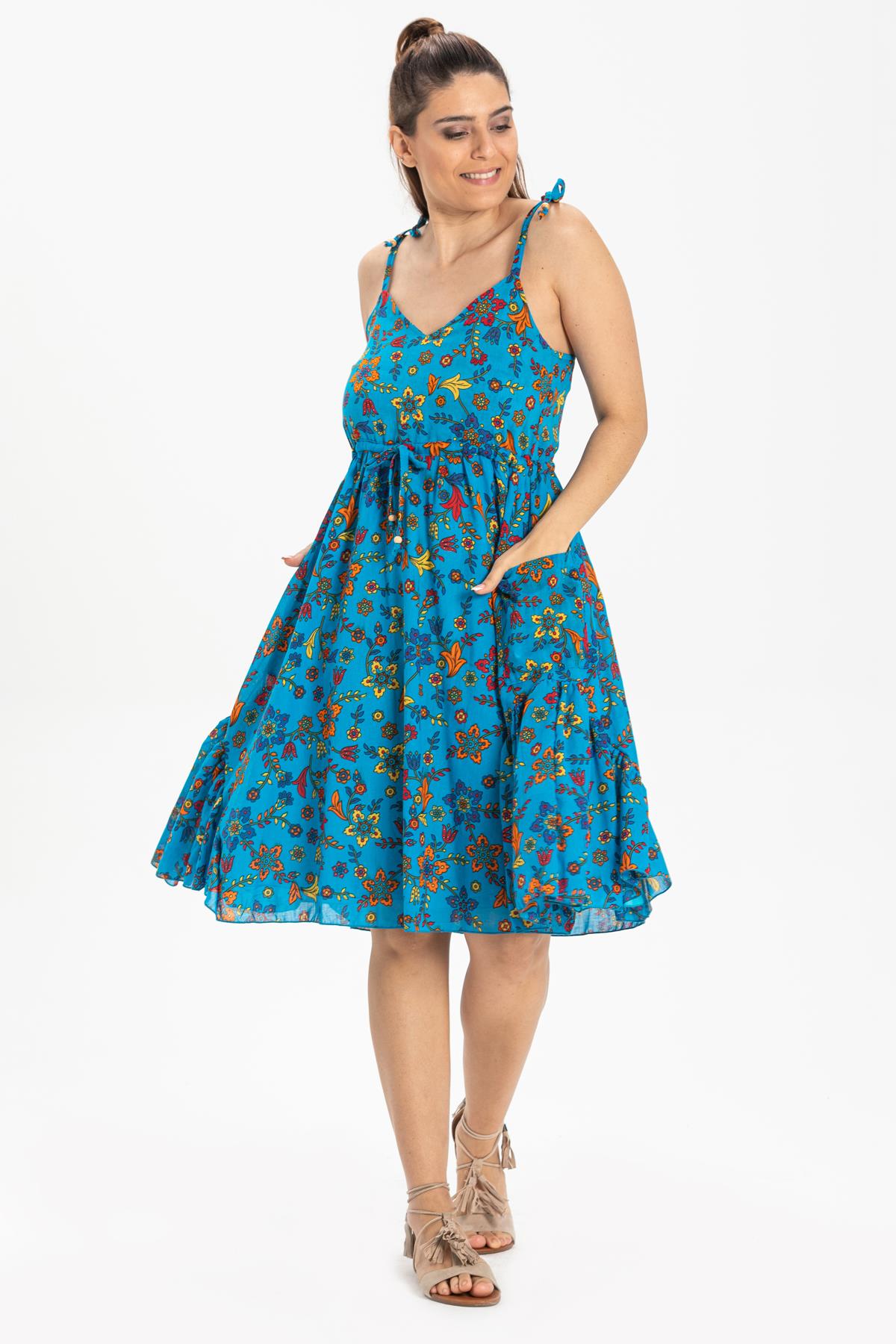 Askılı Vual Melisa Kısa Elbise Turkuaz Trkz