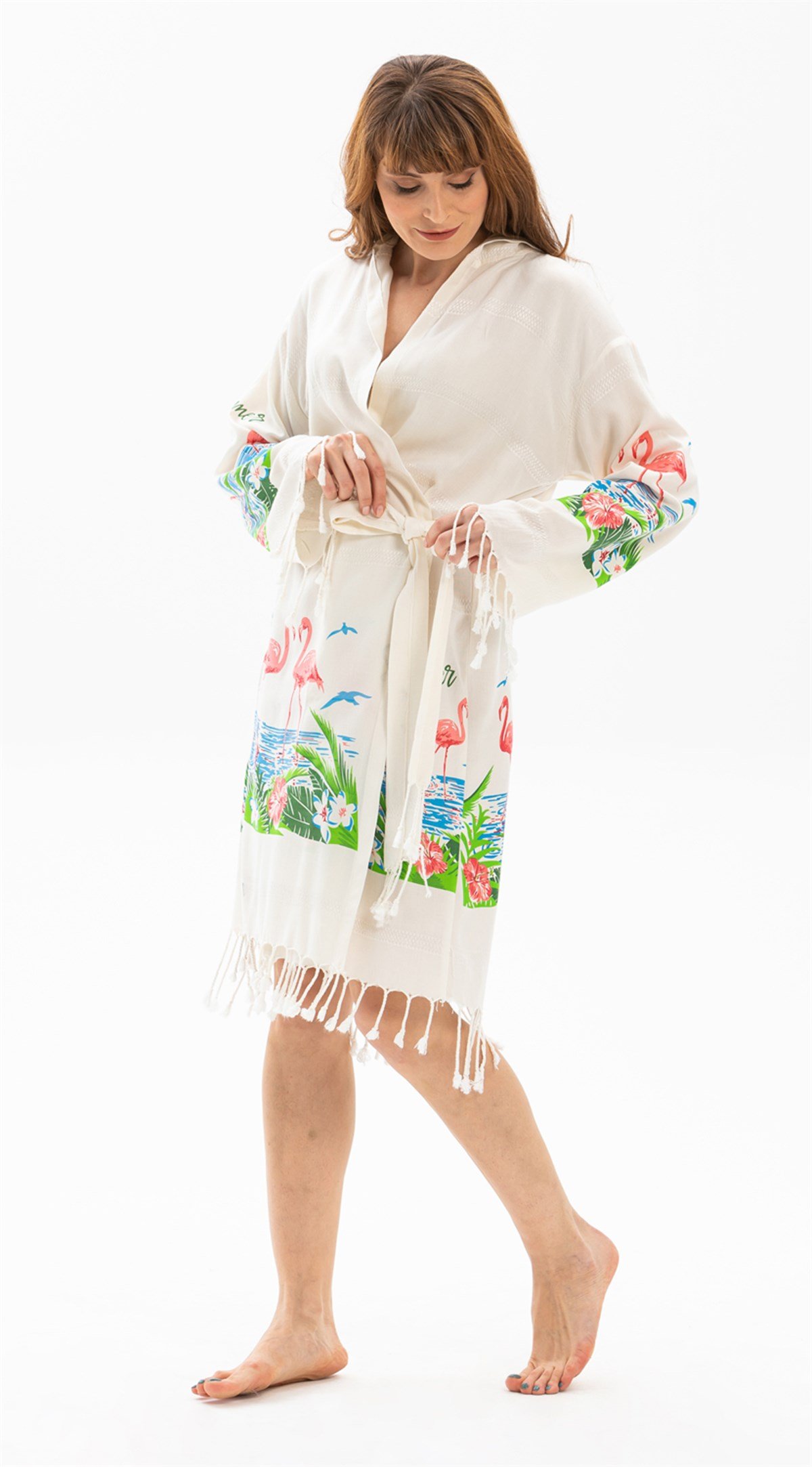 Bambu Printed Flamingo Pattern Women Bathrobe Cream