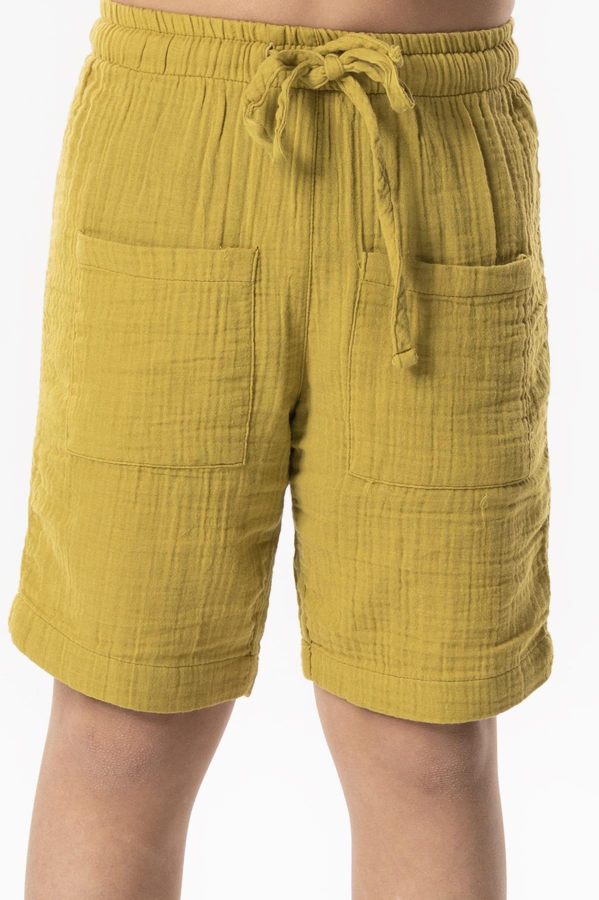 Batı Cep Detaylı Yazlık Müslin Erkek Çocuk Şort Yağ Yeşili Ygysl