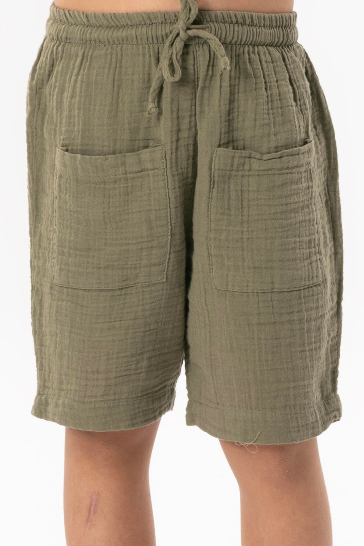 Batı Pocket Detailed Summer Muslin Kids Shorts Khaki