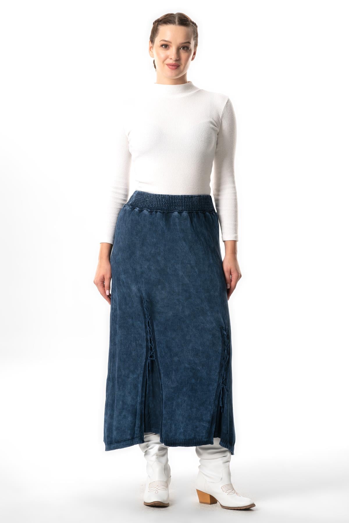 Elastic Waist Berra Binding Detailed Fall and Winter Long Knitwear Skirt Indigo