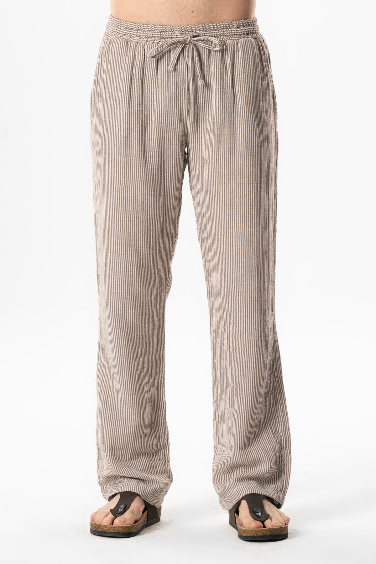 Double Pocket Striped Muslin Summer Pants with Elastic Waistband Striped Coffee