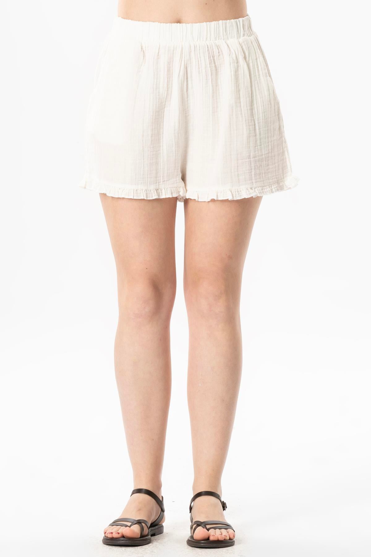 Duru Ruffle Detailed Muslin Summer Short Shorts with Elastic Waist Off White
