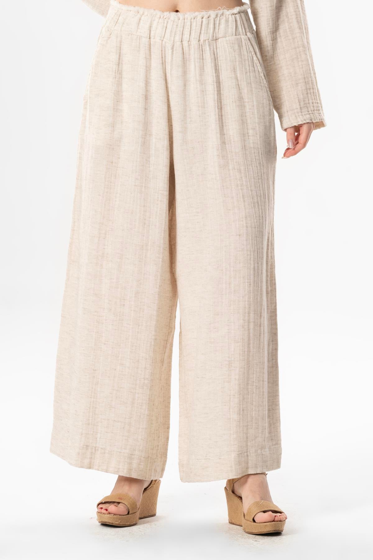 Elastic Waist Ezgi Muslin Summer Trousers Cream