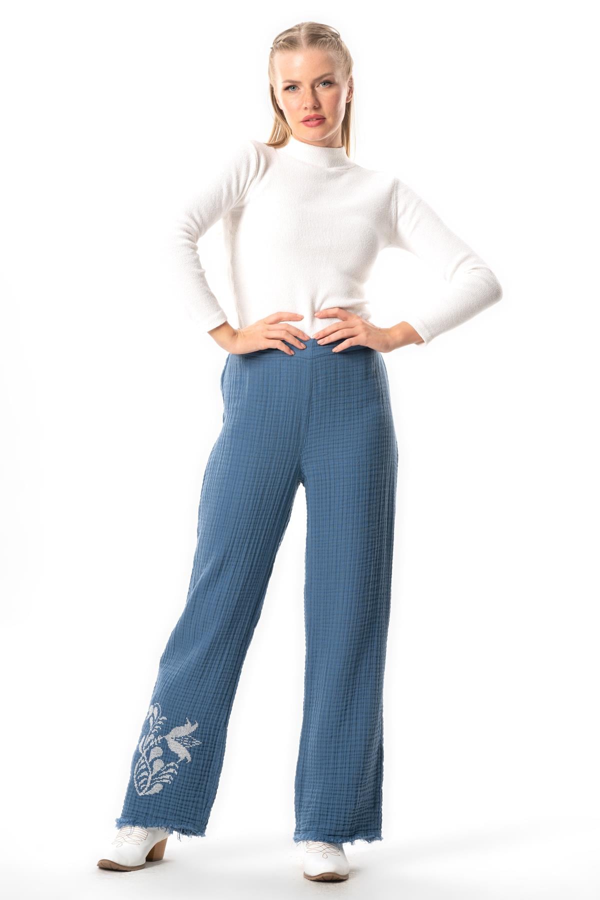 Filiz Fall-Winter Embroidery Detailed Double Muslin Pants İndigo