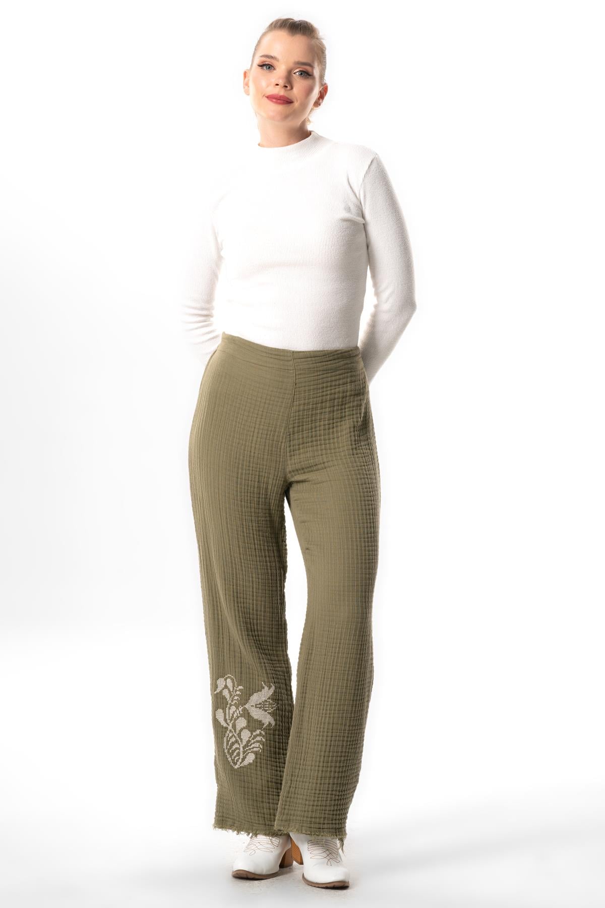 Filiz Fall-Winter Embroidery Detailed Double Muslin Pants Khaki