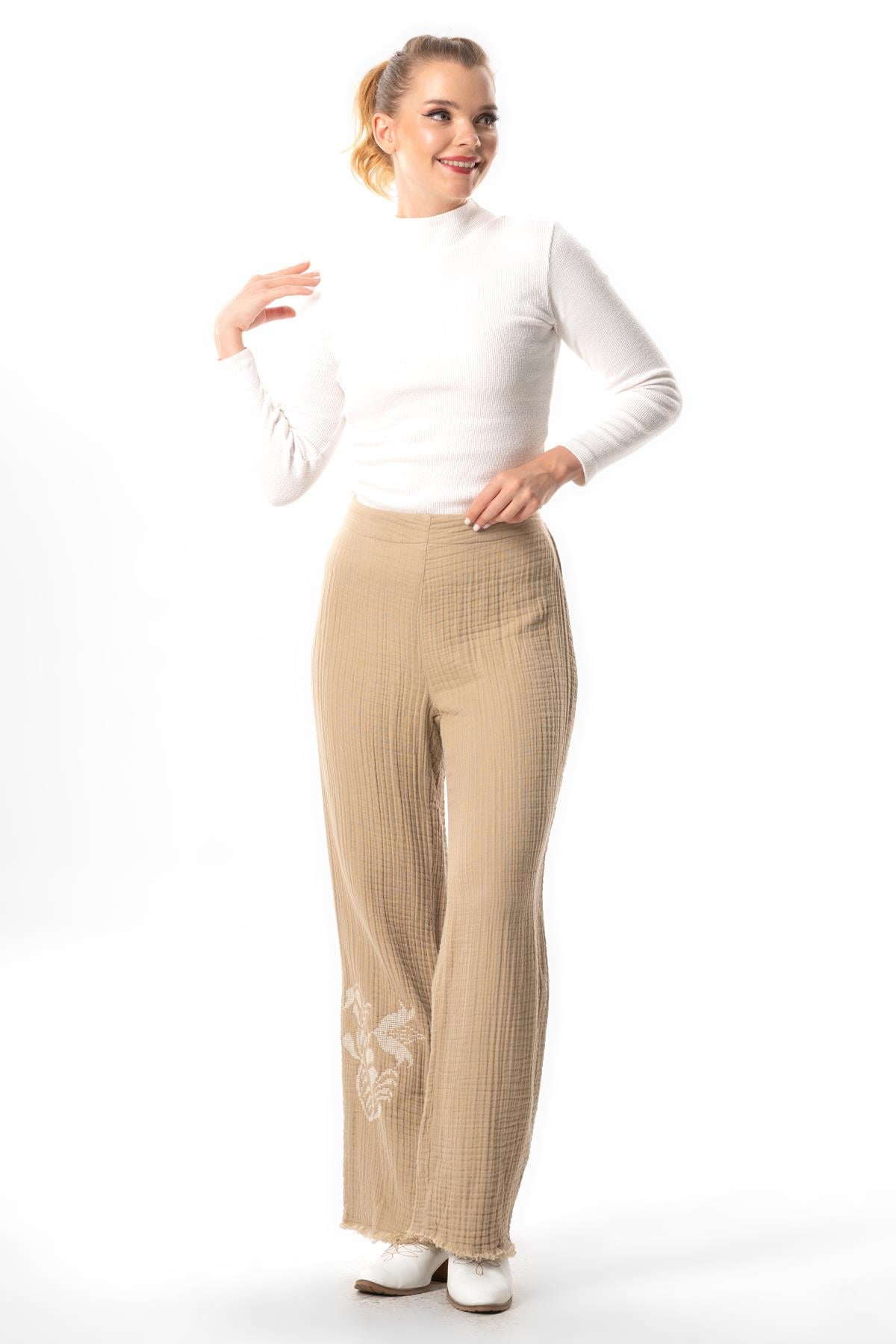Filiz Fall-Winter Embroidery Detailed Double Muslin Pants Mink