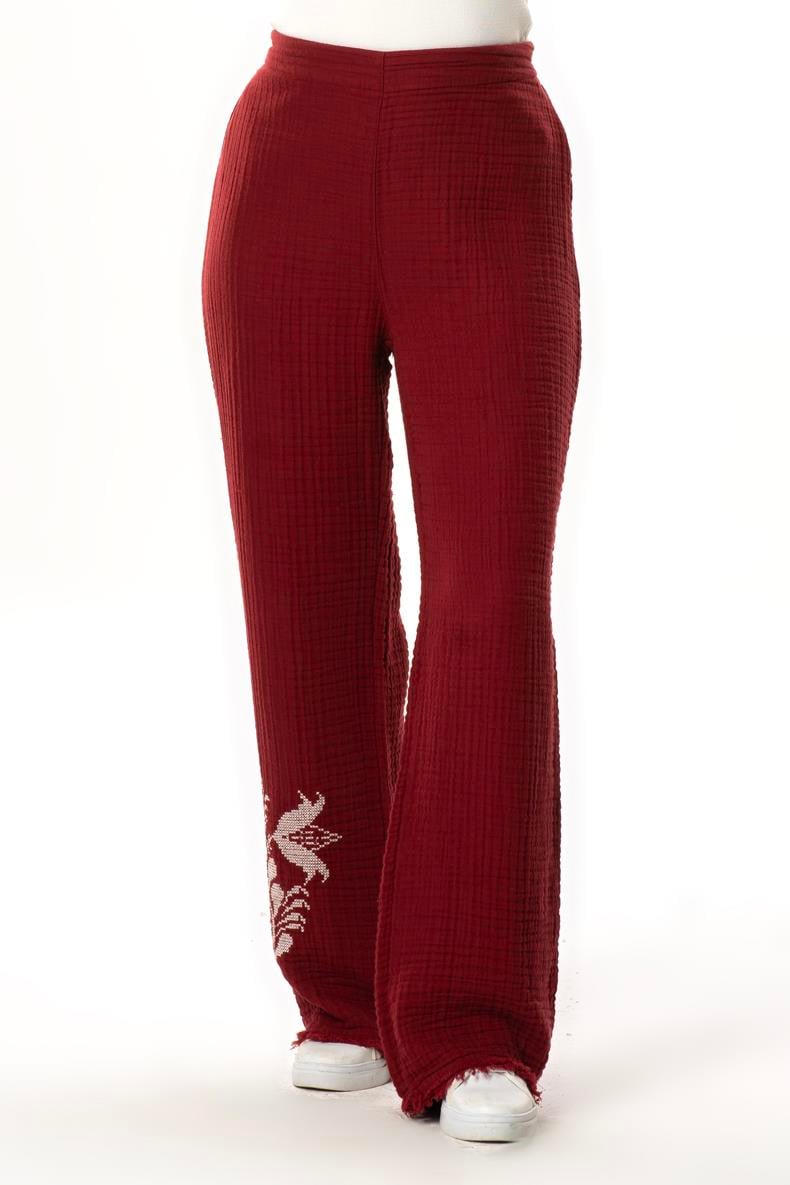 Beli Lastikli Filiz Sonbahar ve Kışlık Nakışlı Double Müslin Pantolon Bordo Brd